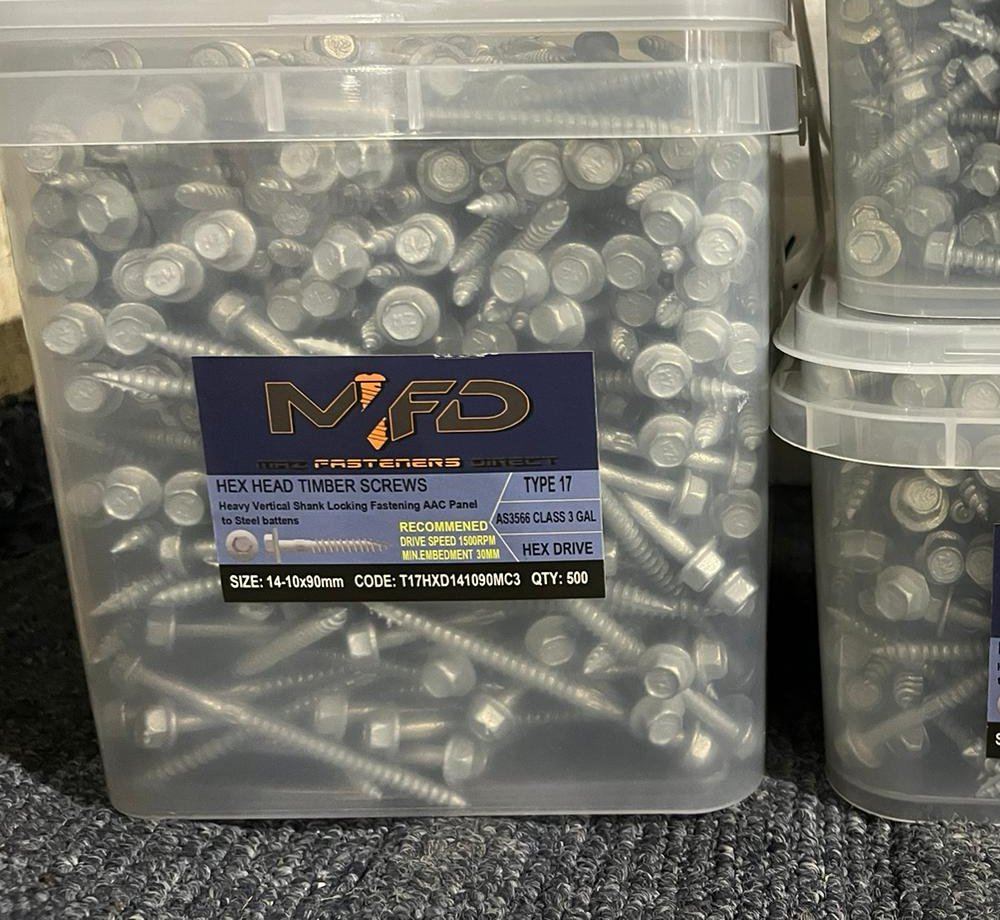 MAZ hex head Type 17 screws 14-10 × 90mm, box of 500 (image: MAZ Fasteners Direct, Eastland-supplied)